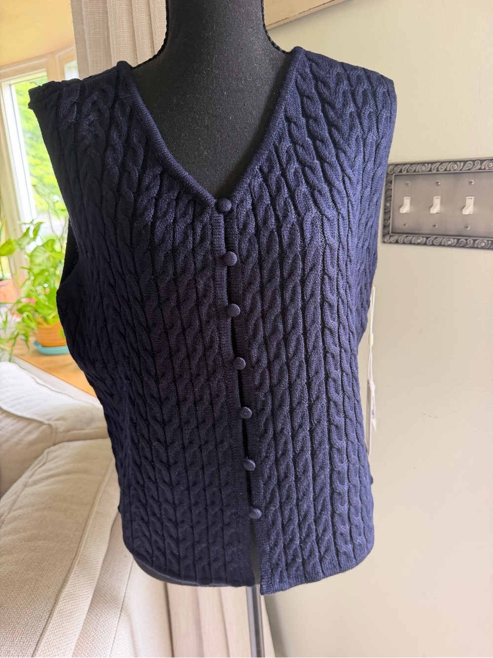 Cyrus Eclipse Cable Knit Button Vest in Deep Navy